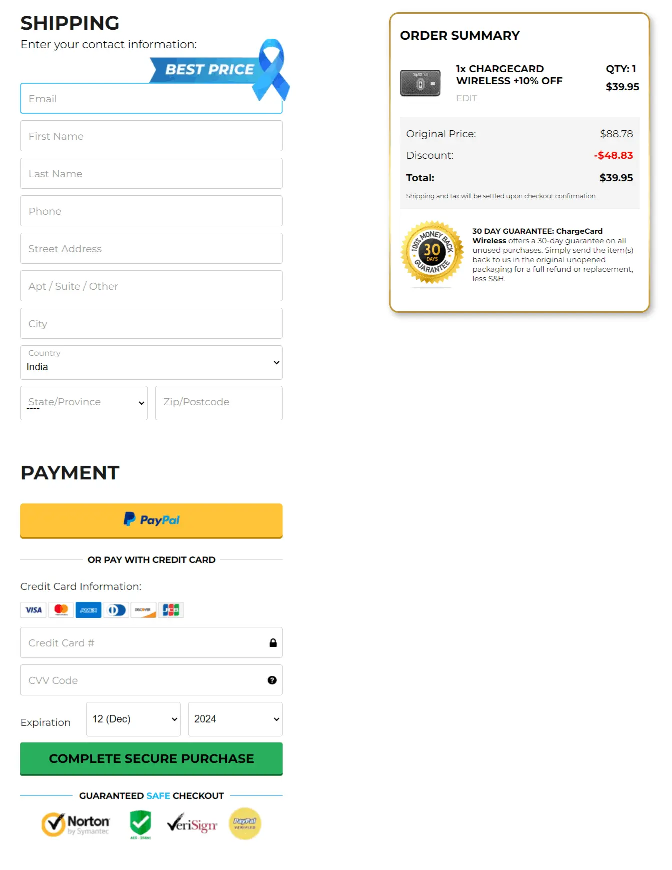 chargecard checkout page